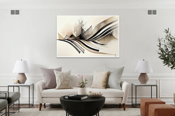 Abstract Art Watercolor Print in Grey-Beige with Abstract Lines in Black and White