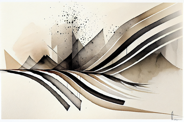 Abstract Art Watercolor Print in Grey-Beige with Abstract Lines in Black and White