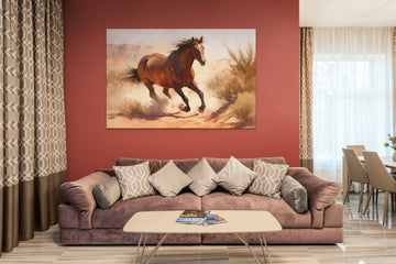 A Stunning Acrylic Color Print of a Majestic Horse Galloping Across an Empty Desert Landscape
