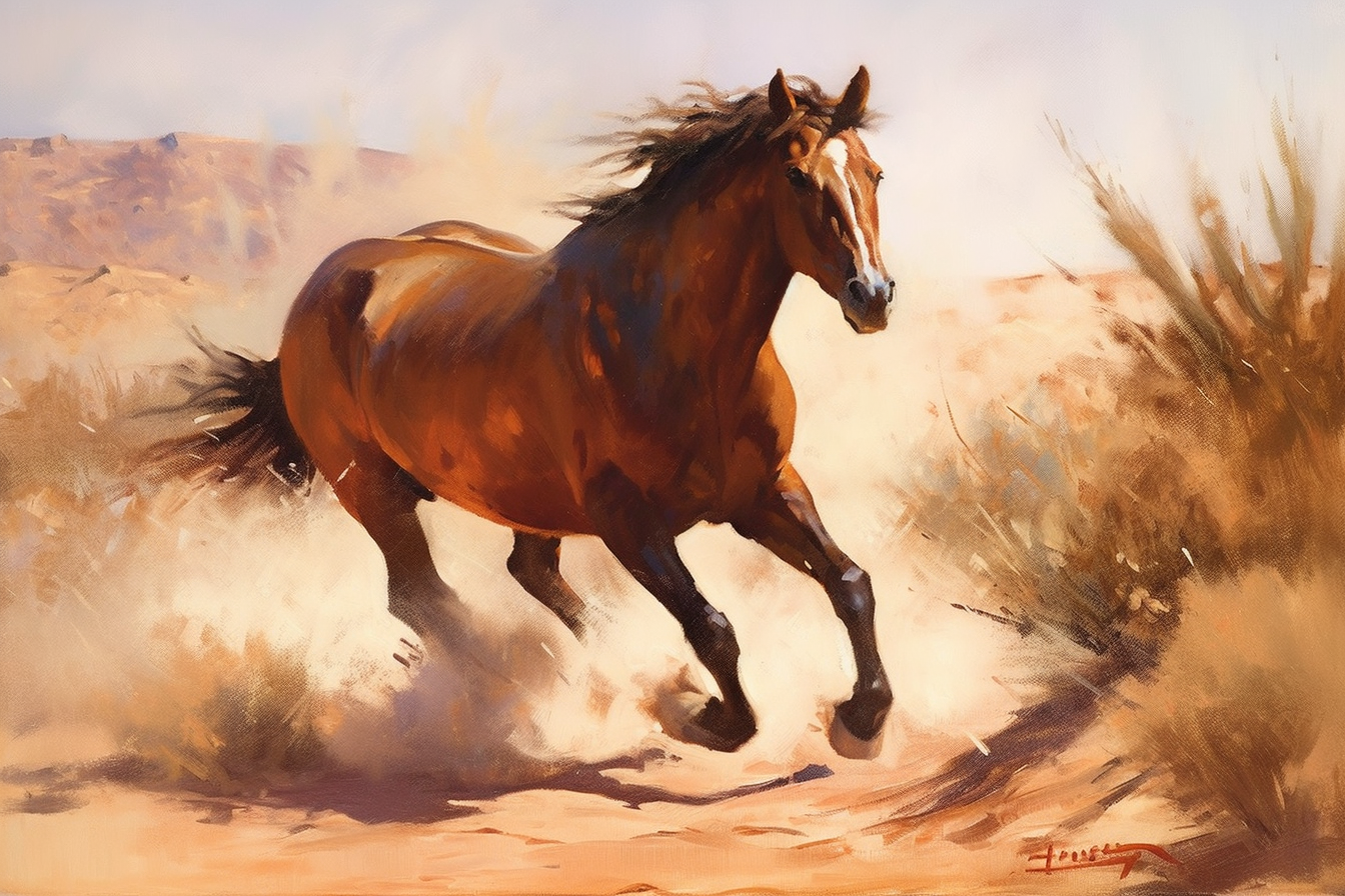 A Stunning Acrylic Color Print of a Majestic Horse Galloping Across an Empty Desert Landscape