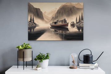 Misty Mountain Serenity: Airbrush Art Print of Boats on a Calm Lake