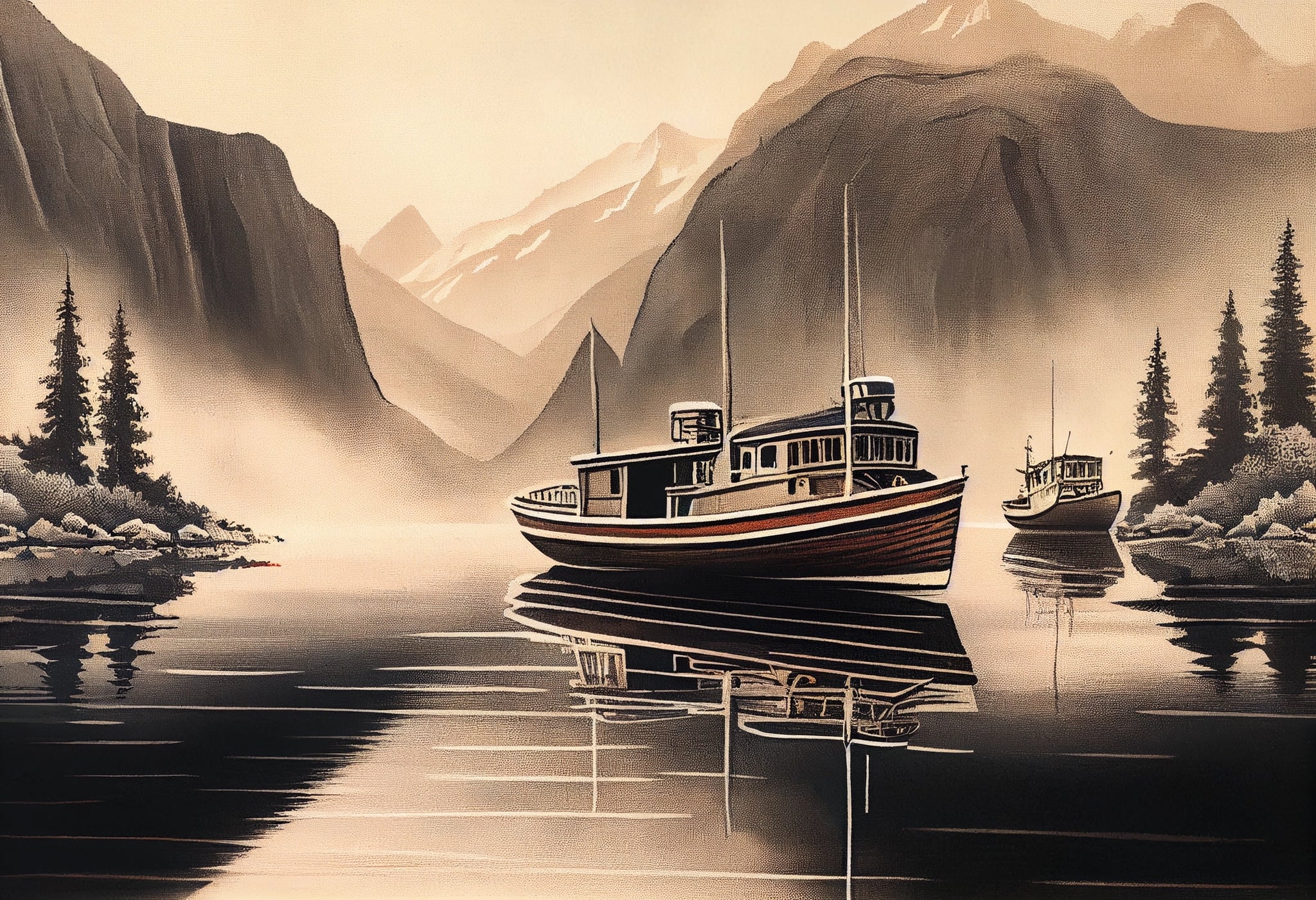 Misty Mountain Serenity: Airbrush Art Print of Boats on a Calm Lake