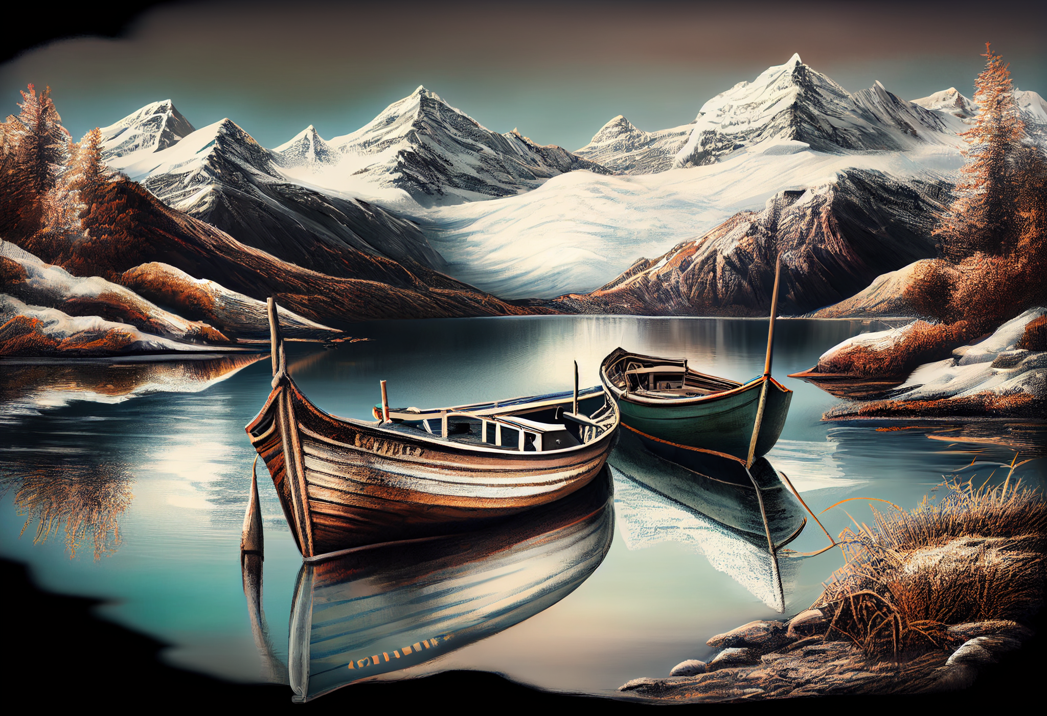 Serene Waters: A Stunning Airbrush Art Print of Small Boats in a Snowy Mountain Lake