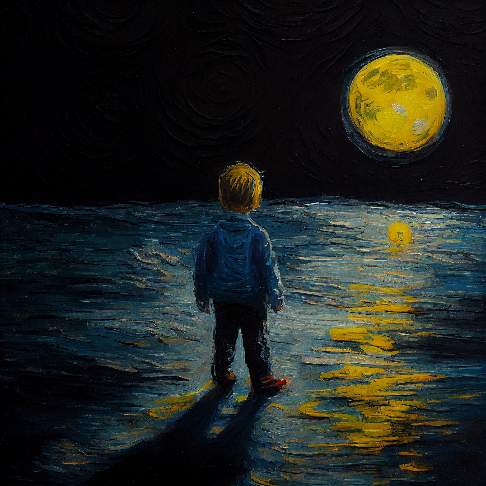 Nighttime Wonder: Small Boy Watching the Moon