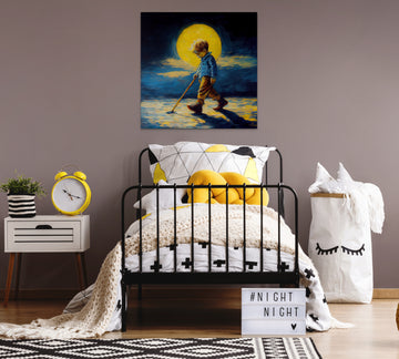 Radiant Reflections: A Stunning Oil Painting Print of a Boy Walking under the Moonlight
