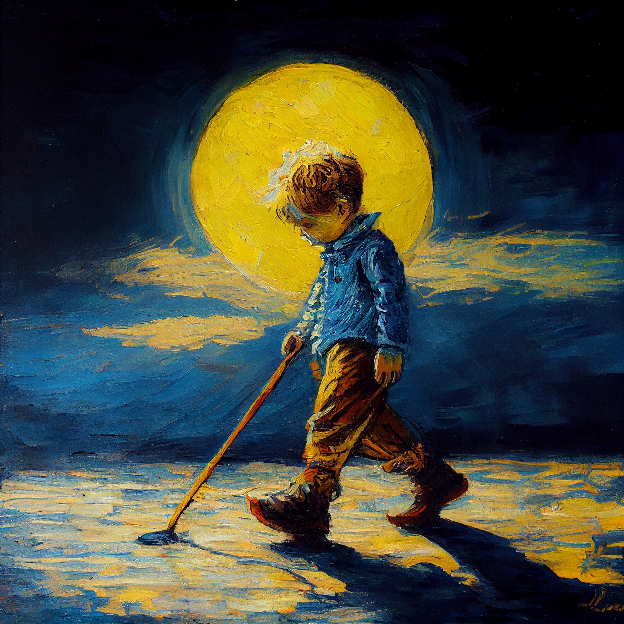 Radiant Reflections: A Stunning Oil Painting Print of a Boy Walking under the Moonlight