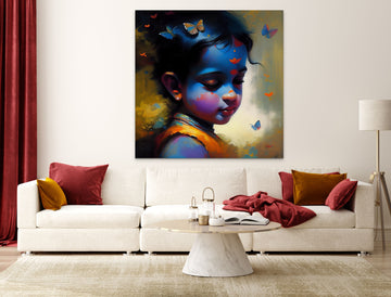 Fluttering Blessings: A Divine Oil Painting Print of Bal Krishna with Butterflies
