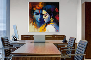Radiant Love: Modern Oil Painting Print of Radha Krishna with Yellow and Black Strokes