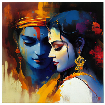 Radiant Love: Modern Oil Painting Print of Radha Krishna with Yellow and Black Strokes