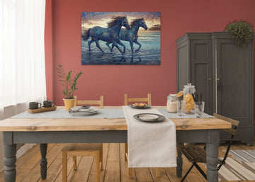 A Stunning Blue-Violet Color Wash Print of Horses Running on the Beach