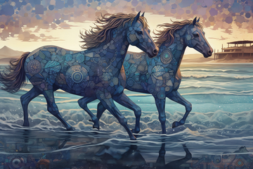 A Stunning Blue-Violet Color Wash Print of Horses Running on the Beach