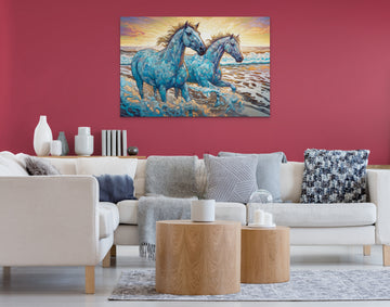 Voronezh-Style Acrylic Color Print of Majestic Horses Running Wild on the Beach