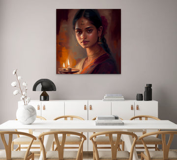 Radiant Beauty: Oil Painting Print of Captivating Indian Lady Wearing Traditional Dress with Candle