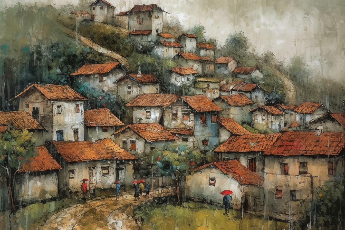 Capturing the Mood: A Beautiful Print of a Village in a Valley with Heavy Rain