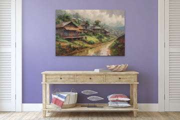 A Captivating Landscape Painting Print of an Enchanting Indian Village in the Rain"
