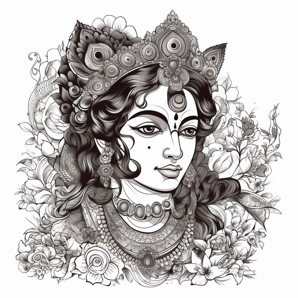 Divine Grace: Intricate Vector Art Print of Lord Krishna in Bold Black Line Style