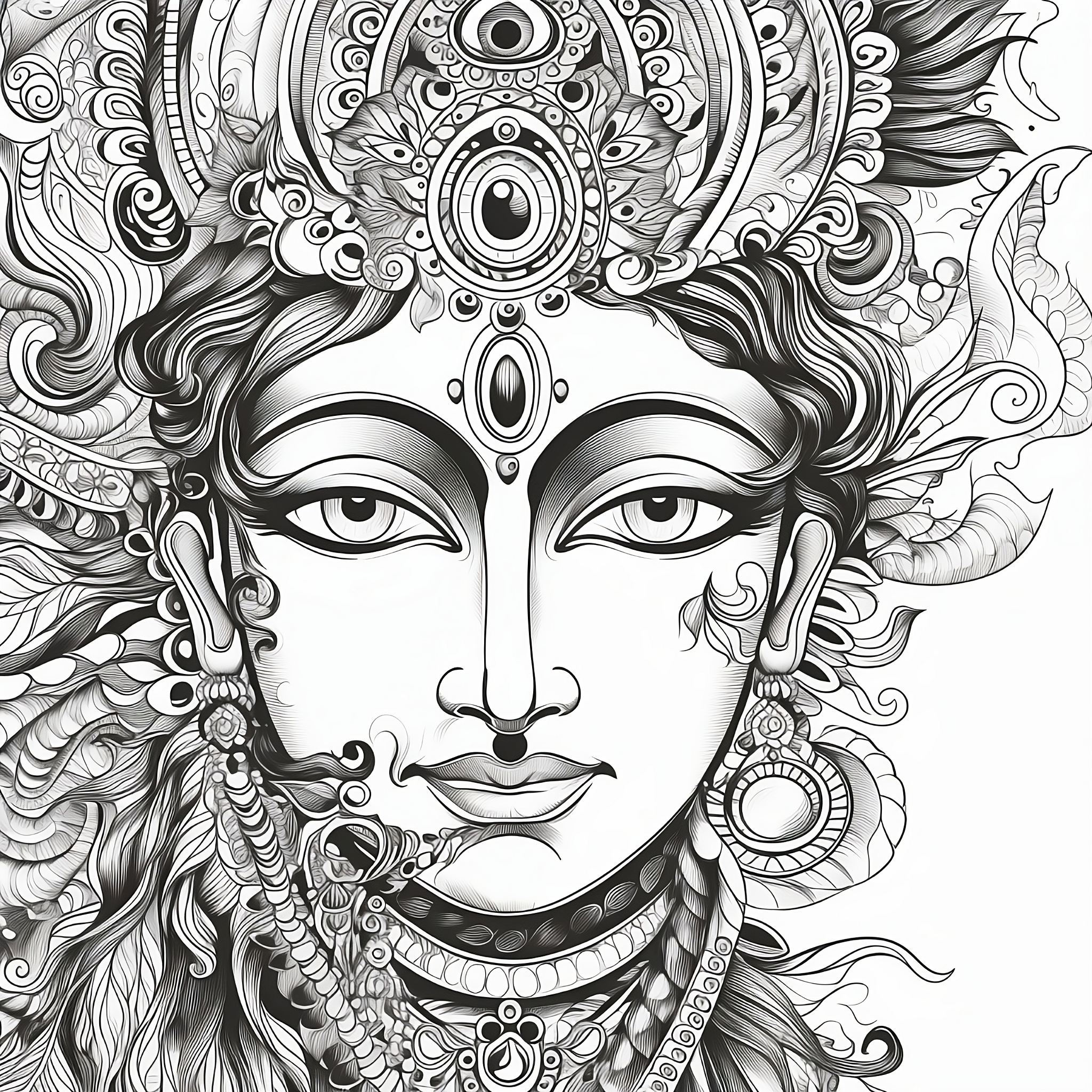 Divine Beauty: A Captivating Black Ink Art Print of Lord Krishna