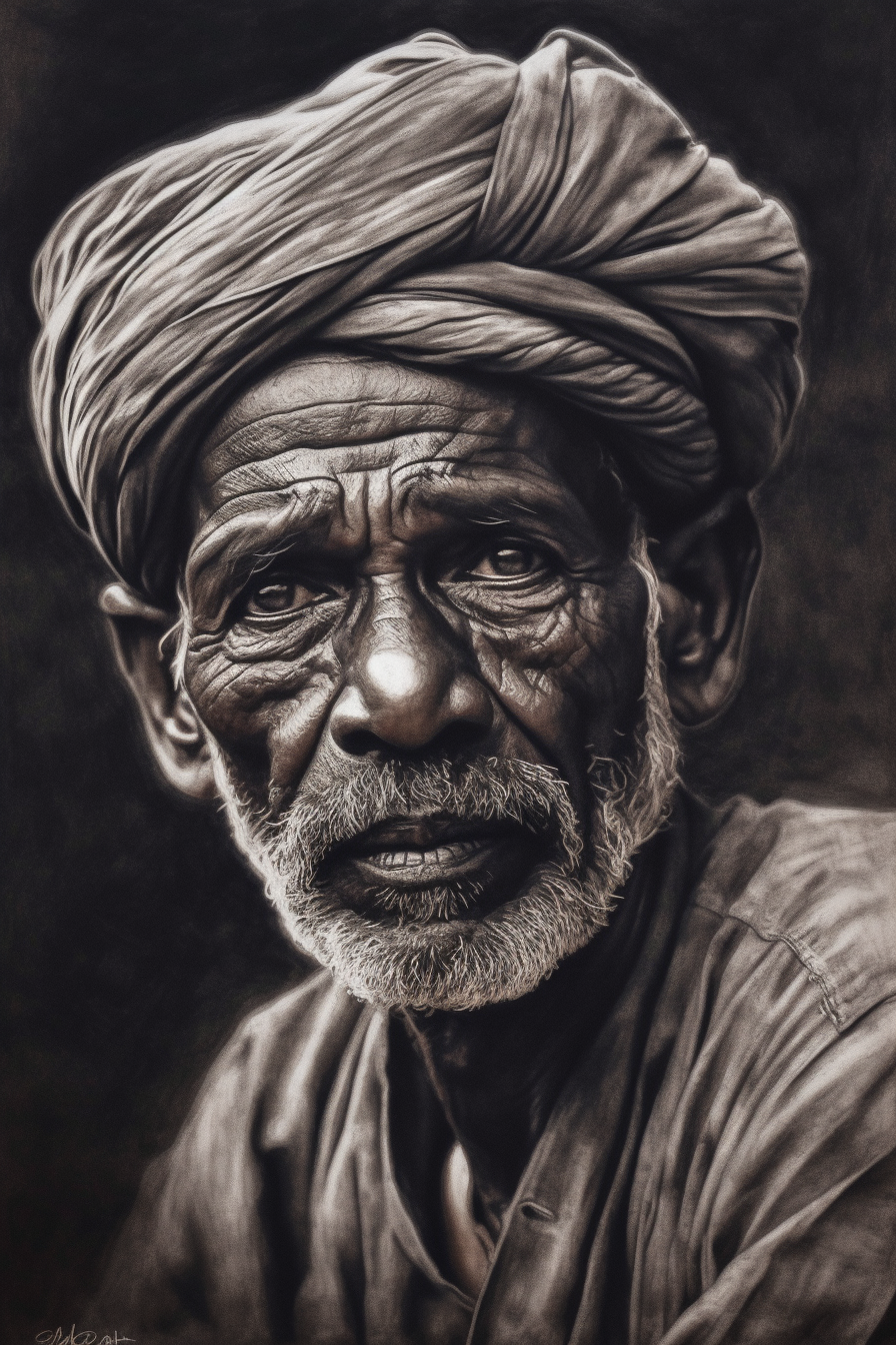 Ageless Wisdom: A Charcoal Portrait Print of an Indian Elder