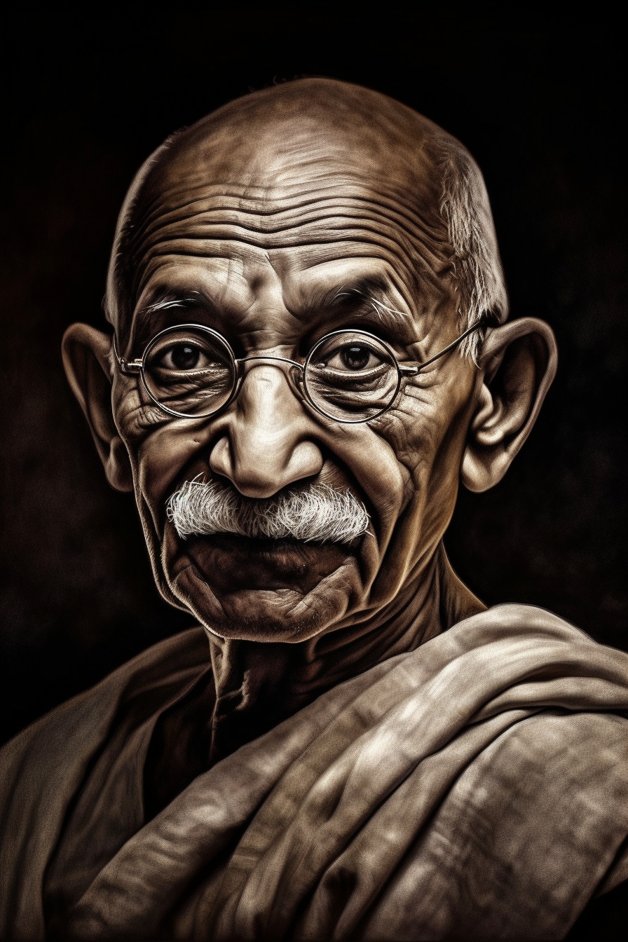 A Stunning Charcoal Portrait Print  of Mahatma Gandhi Against a Bold Black Background