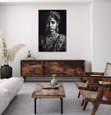 Ethnic Elegance: A Stunning Charcoal Portrait Print of a Traditional Indian Girl in Traditional Attire