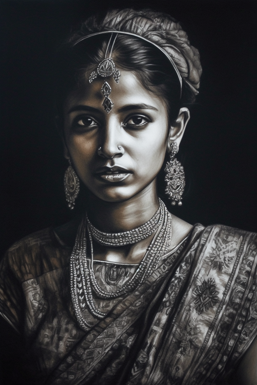 Ethnic Elegance: A Stunning Charcoal Portrait Print of a Traditional Indian Girl in Traditional Attire