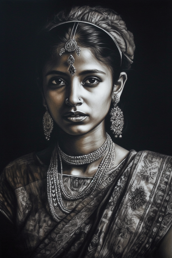 Ethnic Elegance: A Stunning Charcoal Portrait Print of a Traditional I