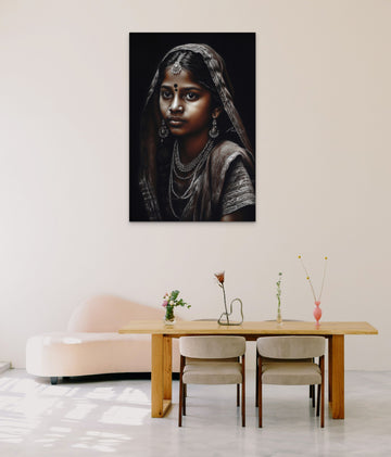 A Stunning Charcoal Portrait Print of an Indian Girl in Saree