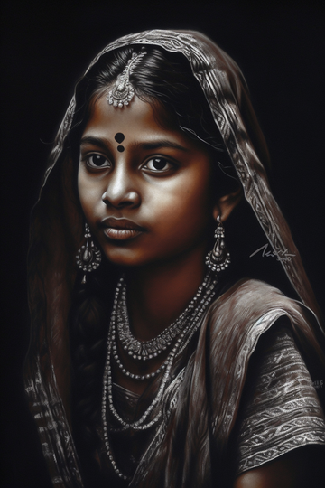 A Stunning Charcoal Portrait Print of an Indian Girl in Saree