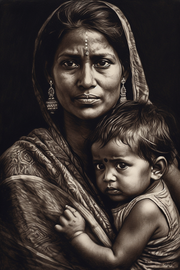 A Charcoal Portrait Print of an Indian Village Woman and Her Child