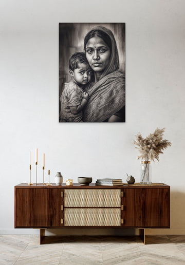A Charcoal Portrait Print of a Traditional Indian Woman Embracing Her Child