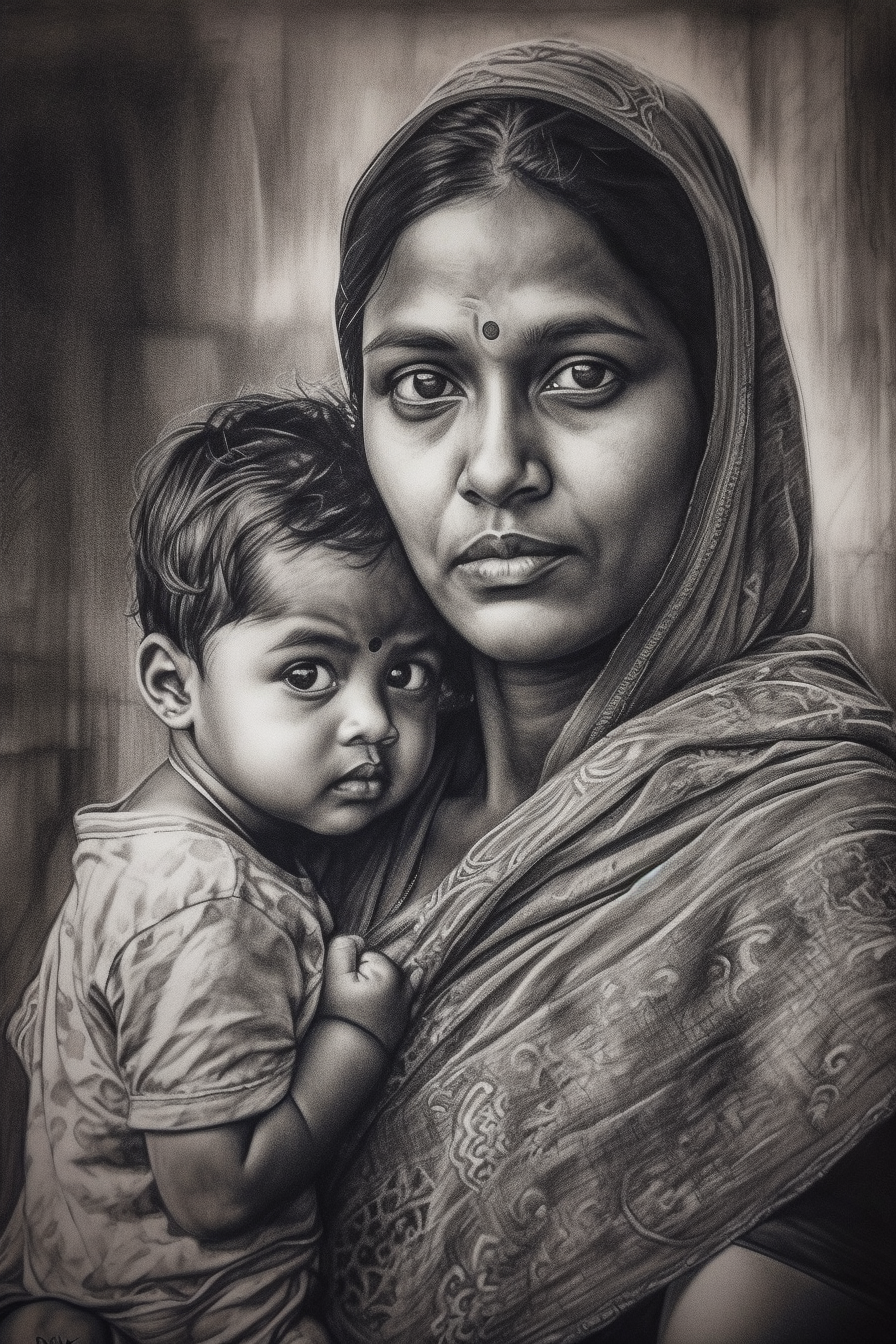 A Charcoal Portrait Print of a Traditional Indian Woman Embracing Her