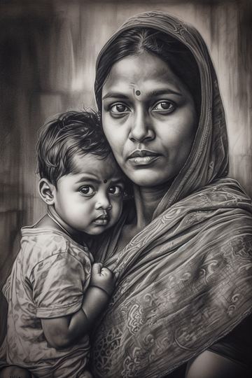 A Charcoal Portrait Print of a Traditional Indian Woman Embracing Her Child