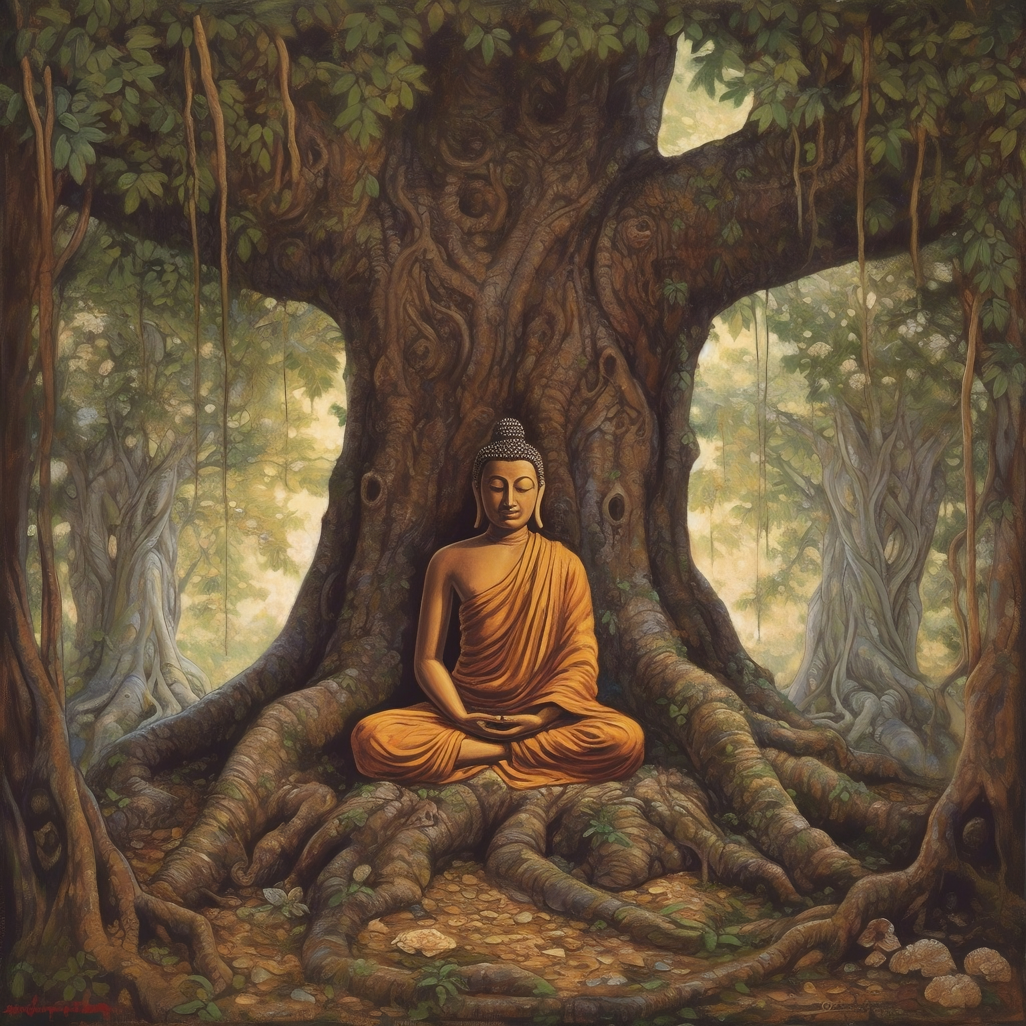 A Beautiful Print of Gautam Buddha Meditating Under an Old Vintage Banyan Tree