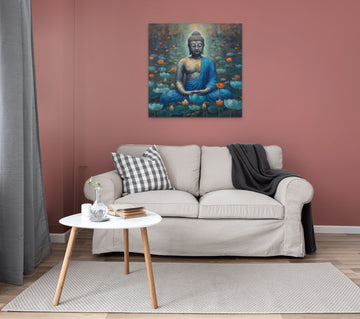 An Amazing Oil Color Print of Lord Buddha Meditating in a Field of Blue Flowers