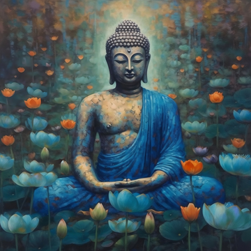 An Amazing Oil Color Print of Lord Buddha Meditating in a Field of Blue Flowers