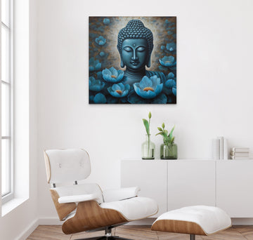 An Attractive Blue Petals Adorned Gautam Buddha Meditating Face Print for Tranquil Home Decor