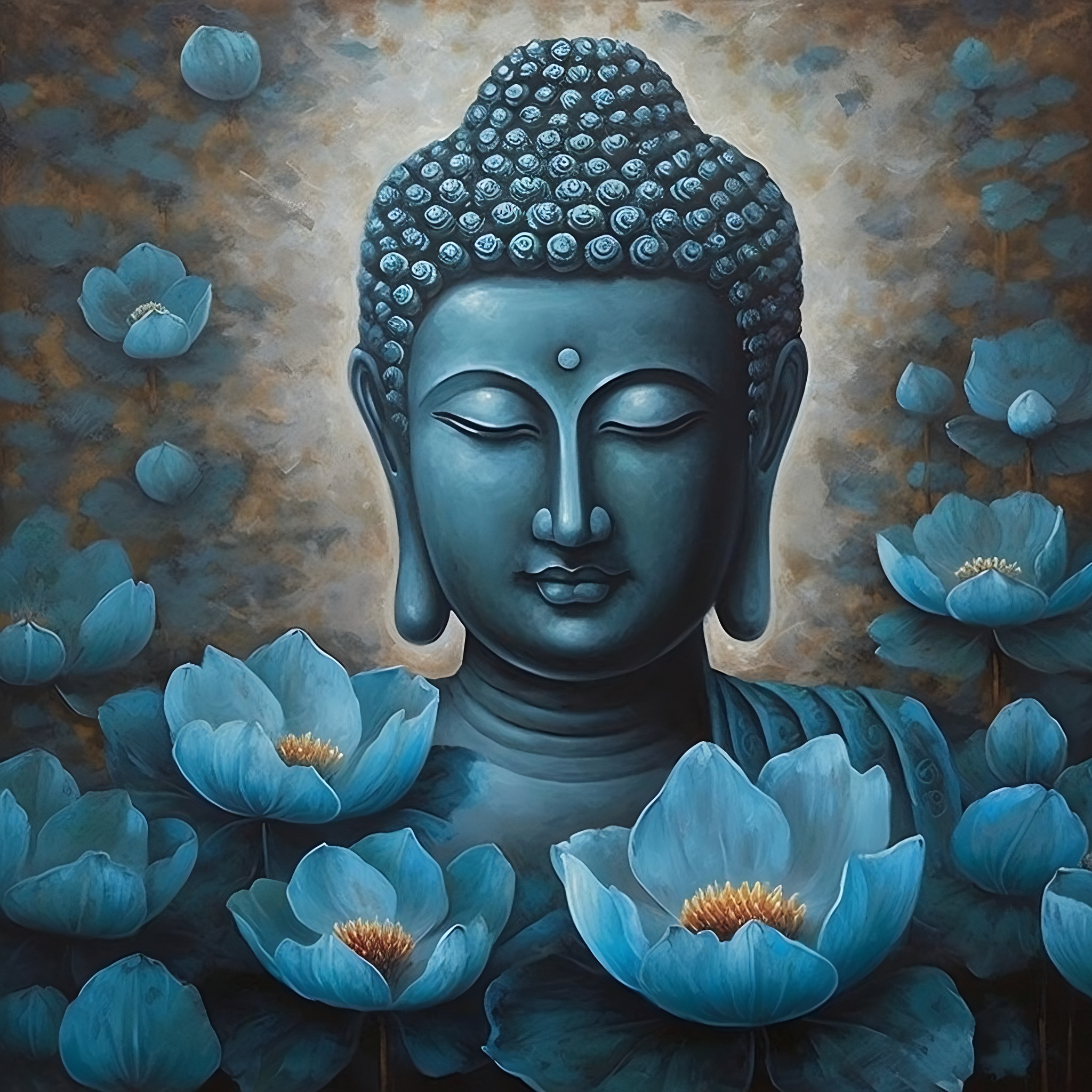 An Attractive Blue Petals Adorned Gautam Buddha Meditating Face Print for Tranquil Home Decor