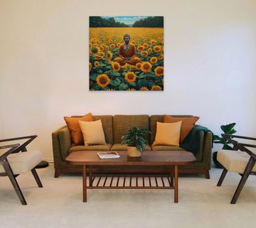 The Buddha's Tranquil Meditation Amidst a Field of Sunflowers