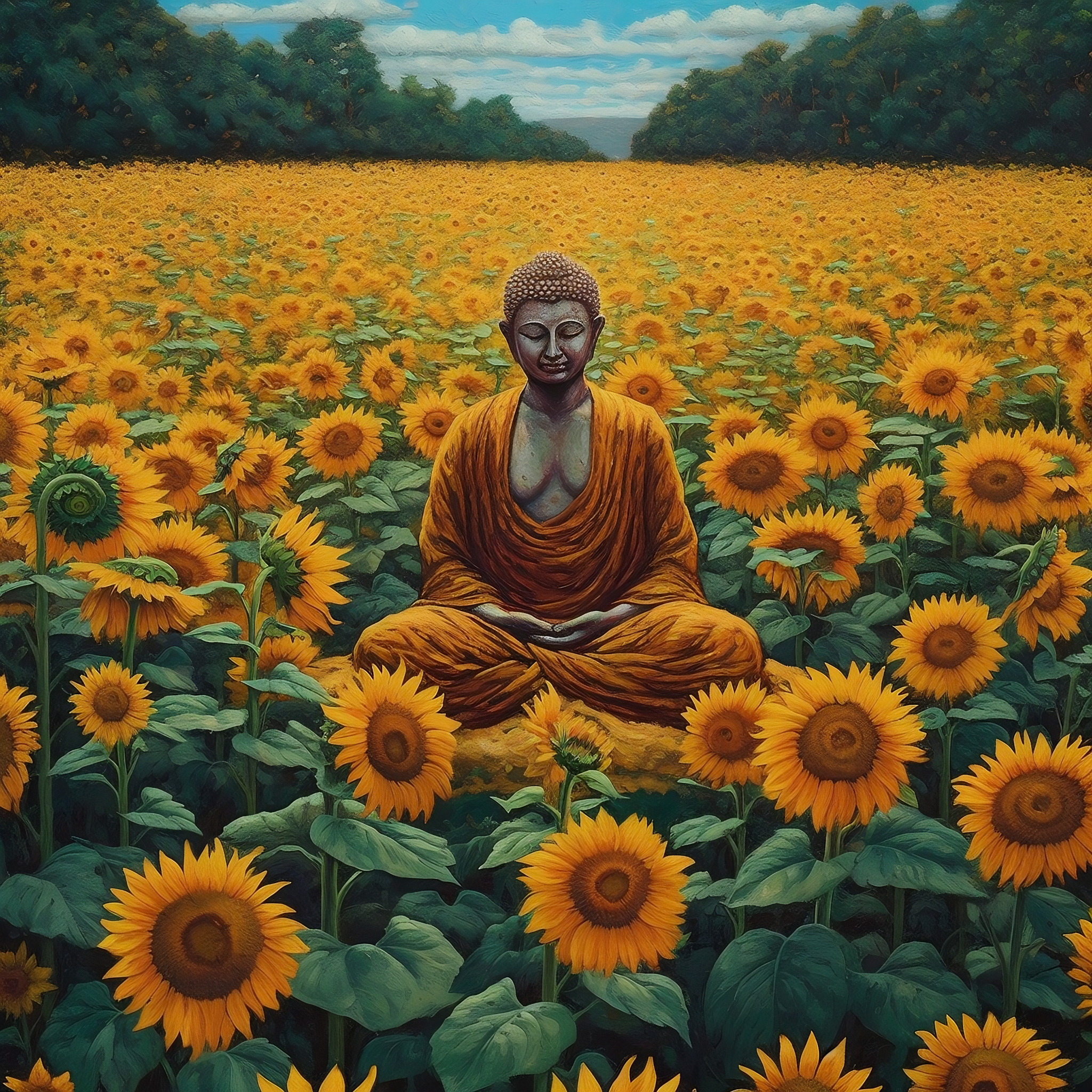 The Buddha's Tranquil Meditation Amidst a Field of Sunflowers