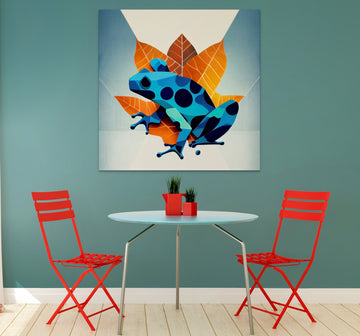 Nature's Charm: A Stunning Blue Frog Perched on Leaves in Geometric Art Print