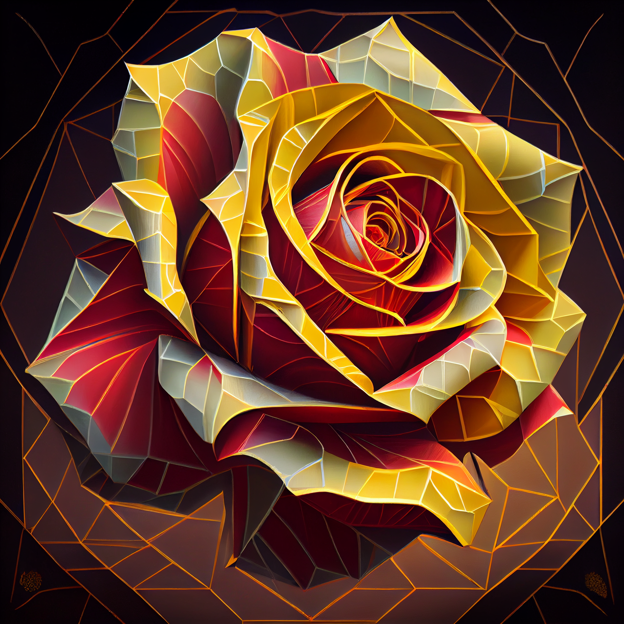 Radiant Blooms: A Geometric Art Print Featuring Vibrant Red and Yellow Roses