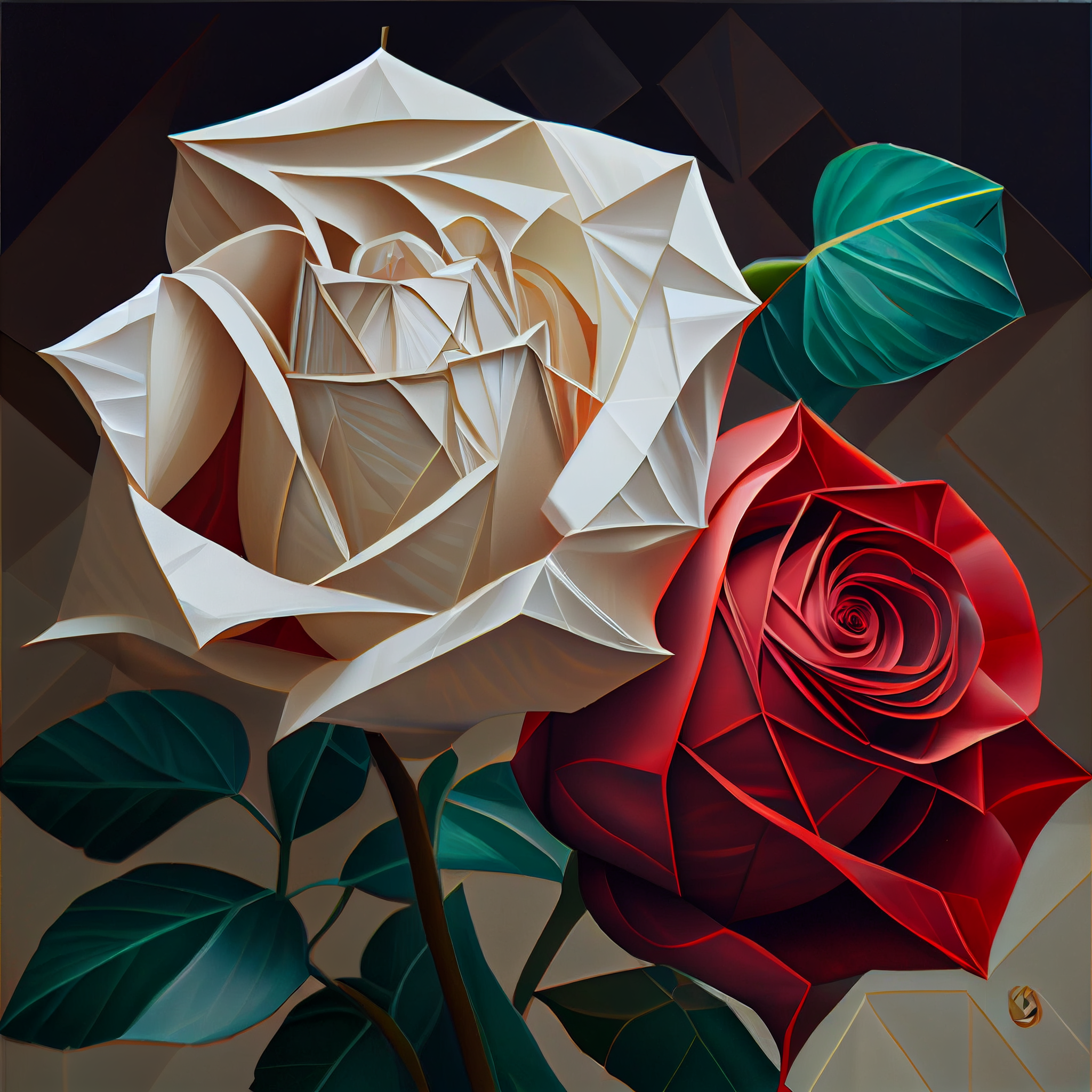 Blooming Contrasts: A Geometric Art Print Featuring Two White and Red Roses