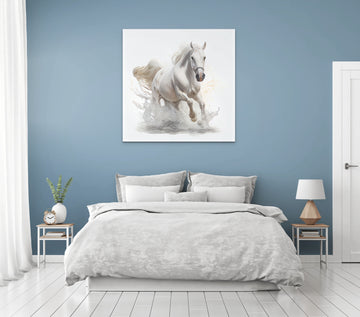 Power and Grace: A Stunning Spray Art Print of a Majestic White Horse in Motion