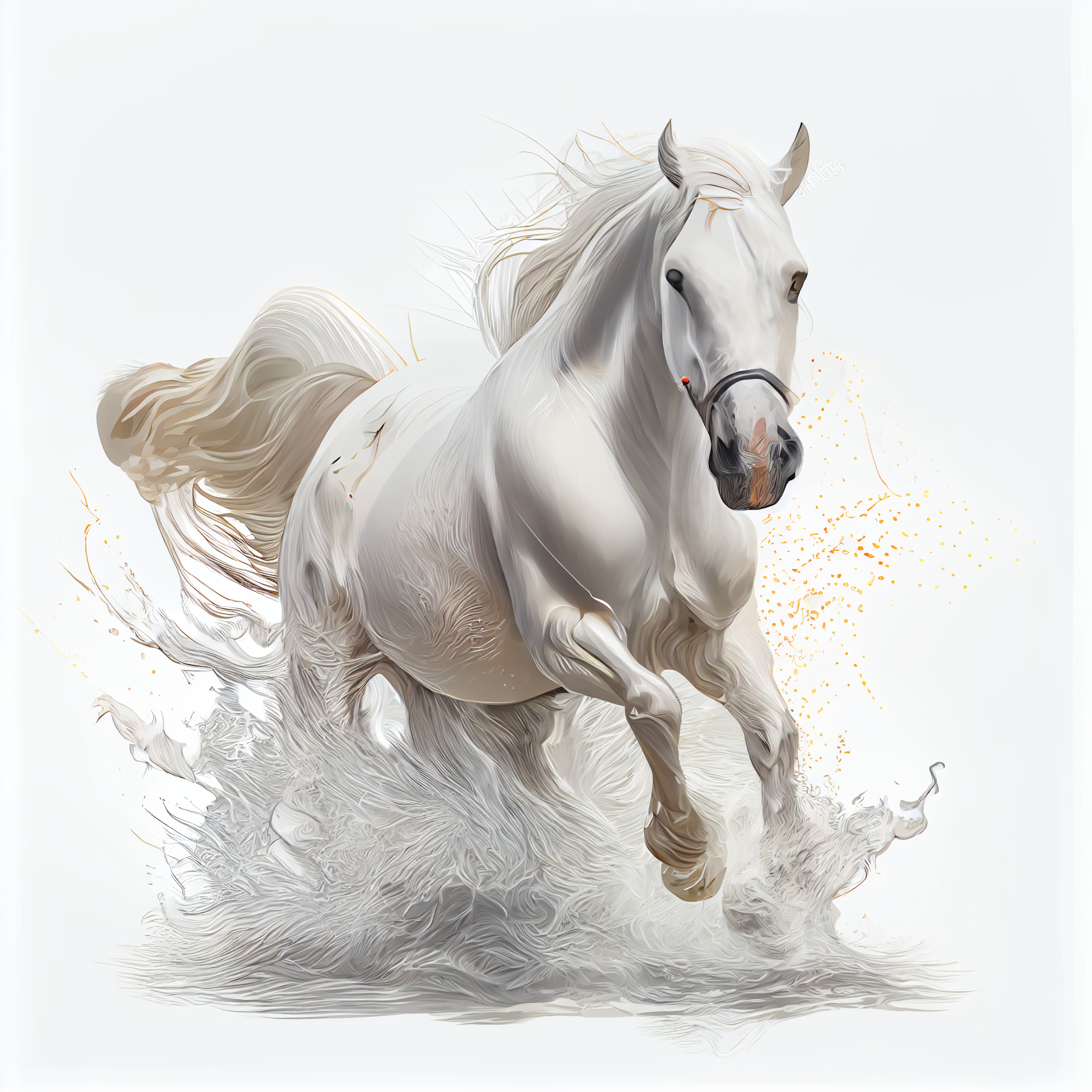 Power and Grace: A Stunning Spray Art Print of a Majestic White Horse in Motion