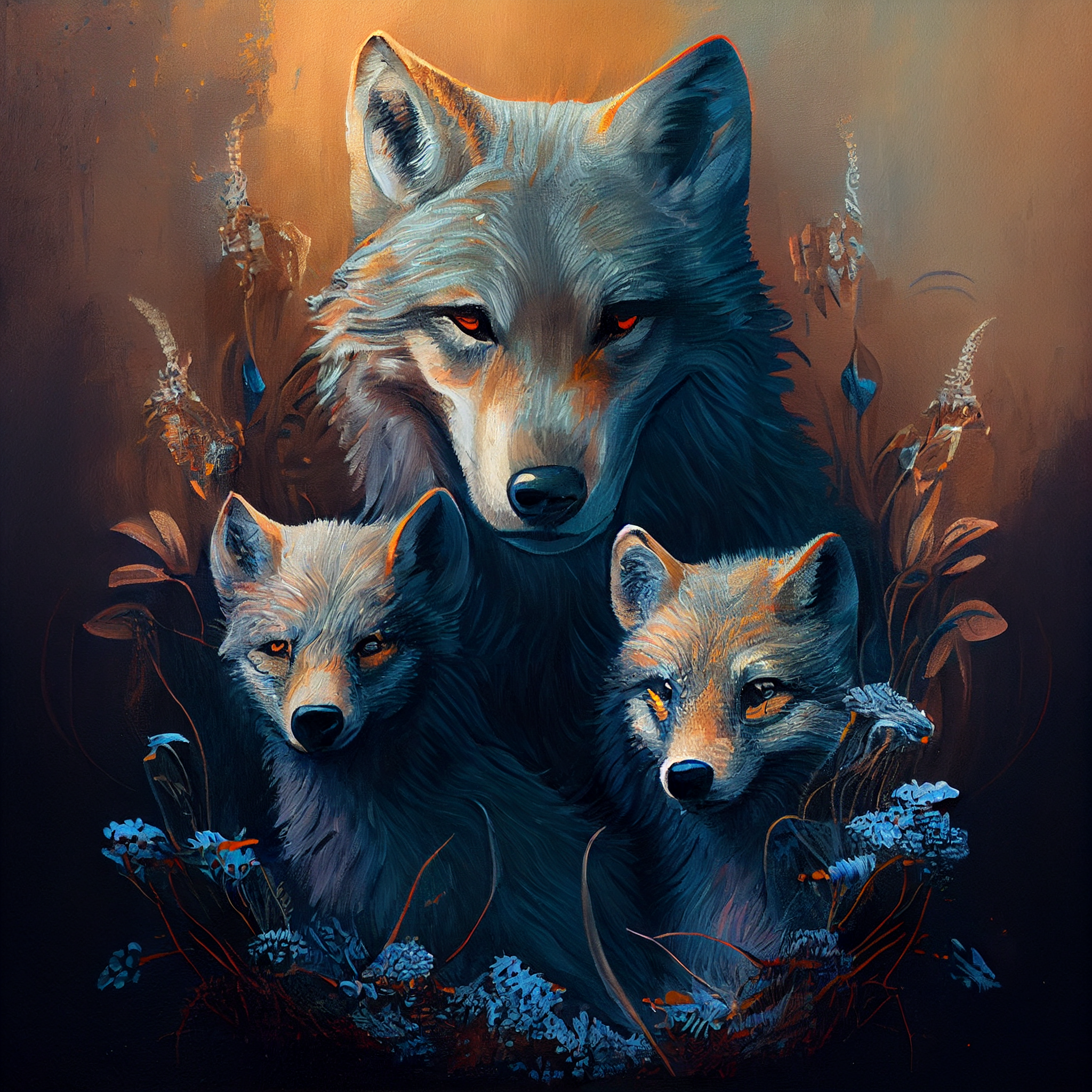Capture the Beauty of Nature with our Majestic Wolf Mother and Cubs Oil Paint Print