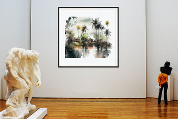 Tranquil Beauty: A Watercolor Print of Kerala's Lush Landscape with Black Waters and Towering Coconut Trees on a White Background