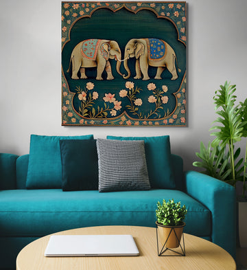 Regal Reminiscence: Mughal-Style Miniature Painting  Print of Majestic Elephants Depicting India's Rich Cultural Heritage