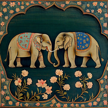 Regal Reminiscence: Mughal-Style Miniature Painting  Print of Majestic Elephants Depicting India's Rich Cultural Heritage
