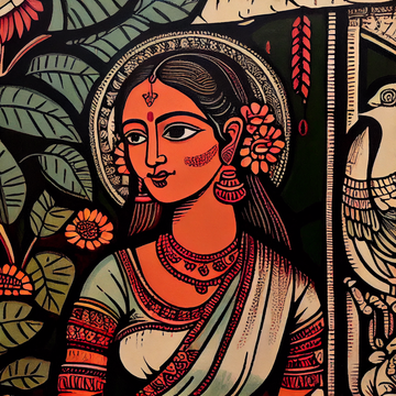 Radiant Women of Madhubani: A Stunning Oil Color Print with Vibrant Hues