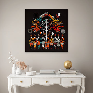 "Colorful Tales: Warli Art Print on Black Background for Vibrant Spaces"